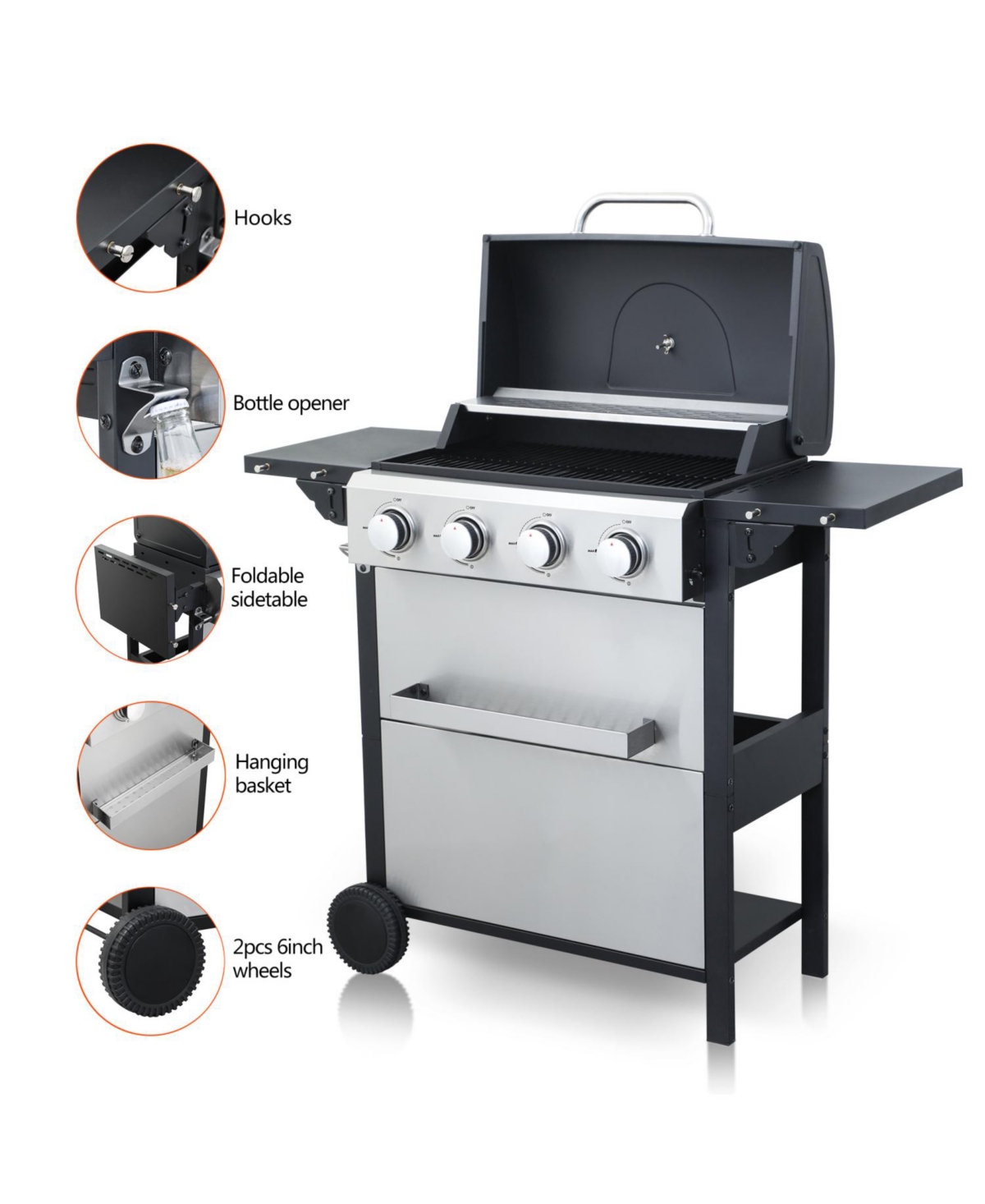 Streamdale 4-Burner Propane Bbq Grill, Foldable Table, Basket, Stainless Steel