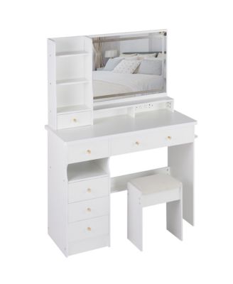 Vanity Table with Cushioned Stool, Power Station, Hair Dryer Stand, Large LED Mirror