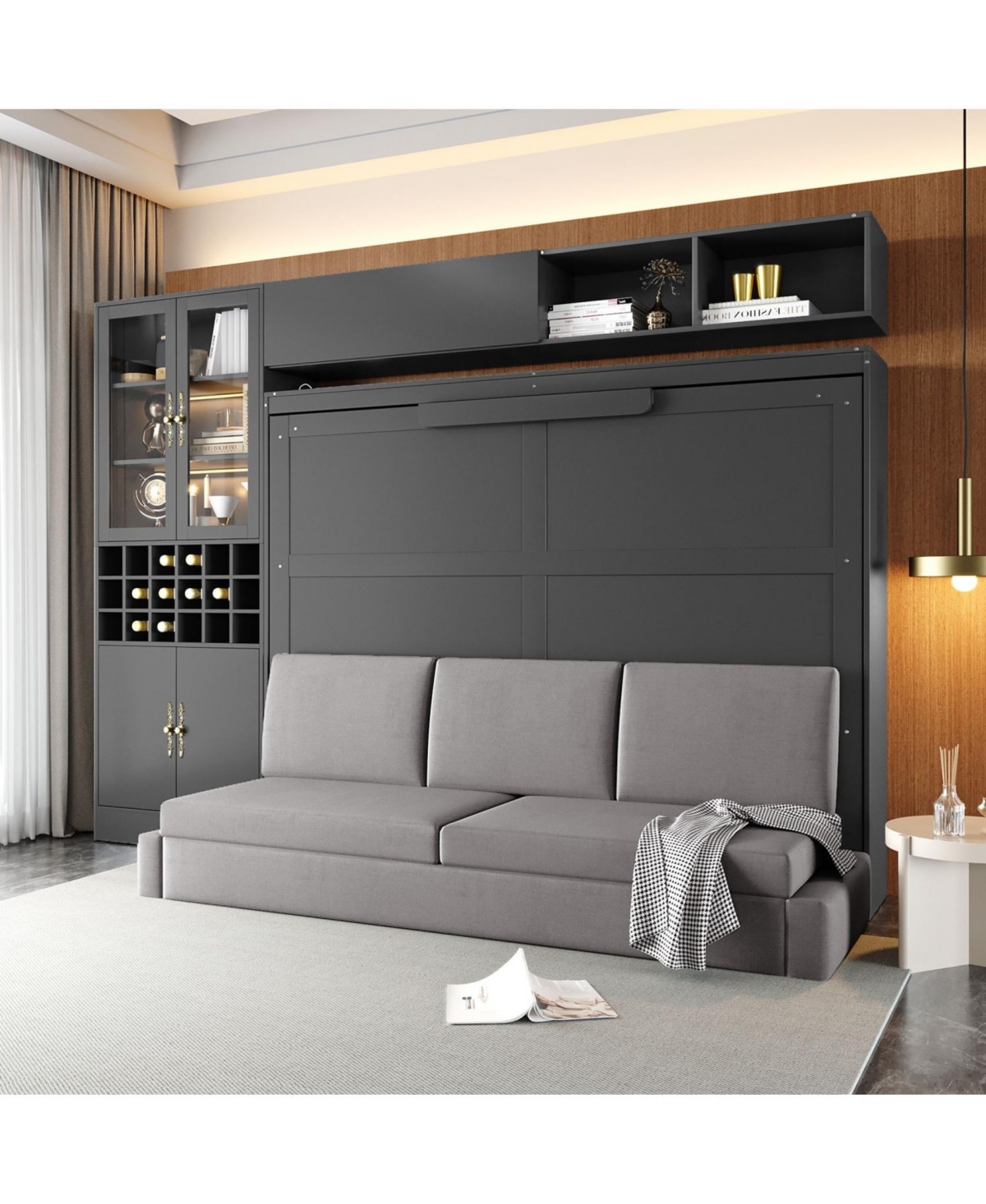 Streamdale Furniture Queen Size Murphy Bed Wall Bed with Sofa Shelves Usb & Light