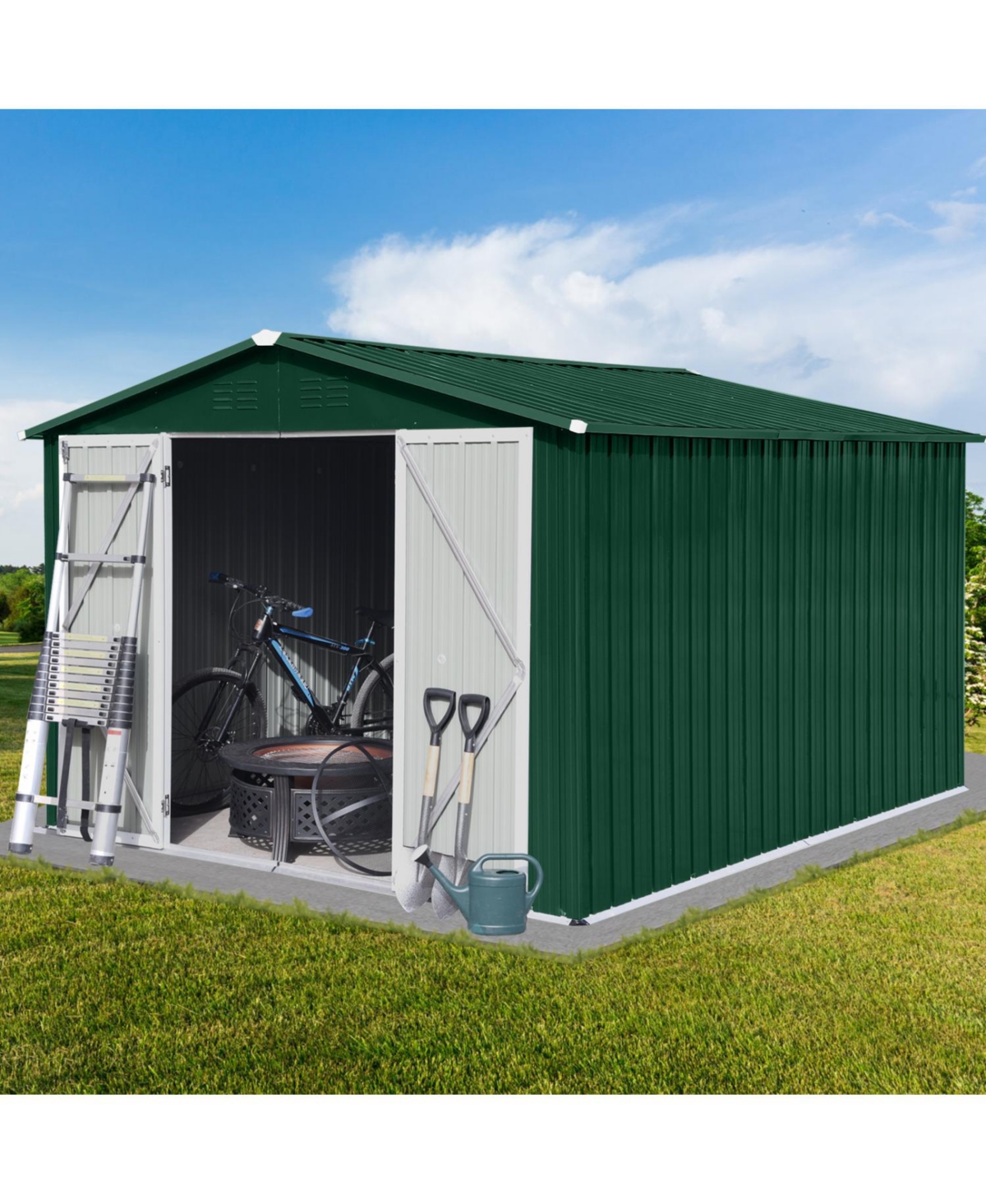 Streamdale Furniture Metal garden sheds 10ftx8ft outdoor storage sheds Green + White