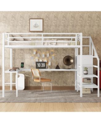 Loft Bed with Desk Wardrobe Shelf & LED - White