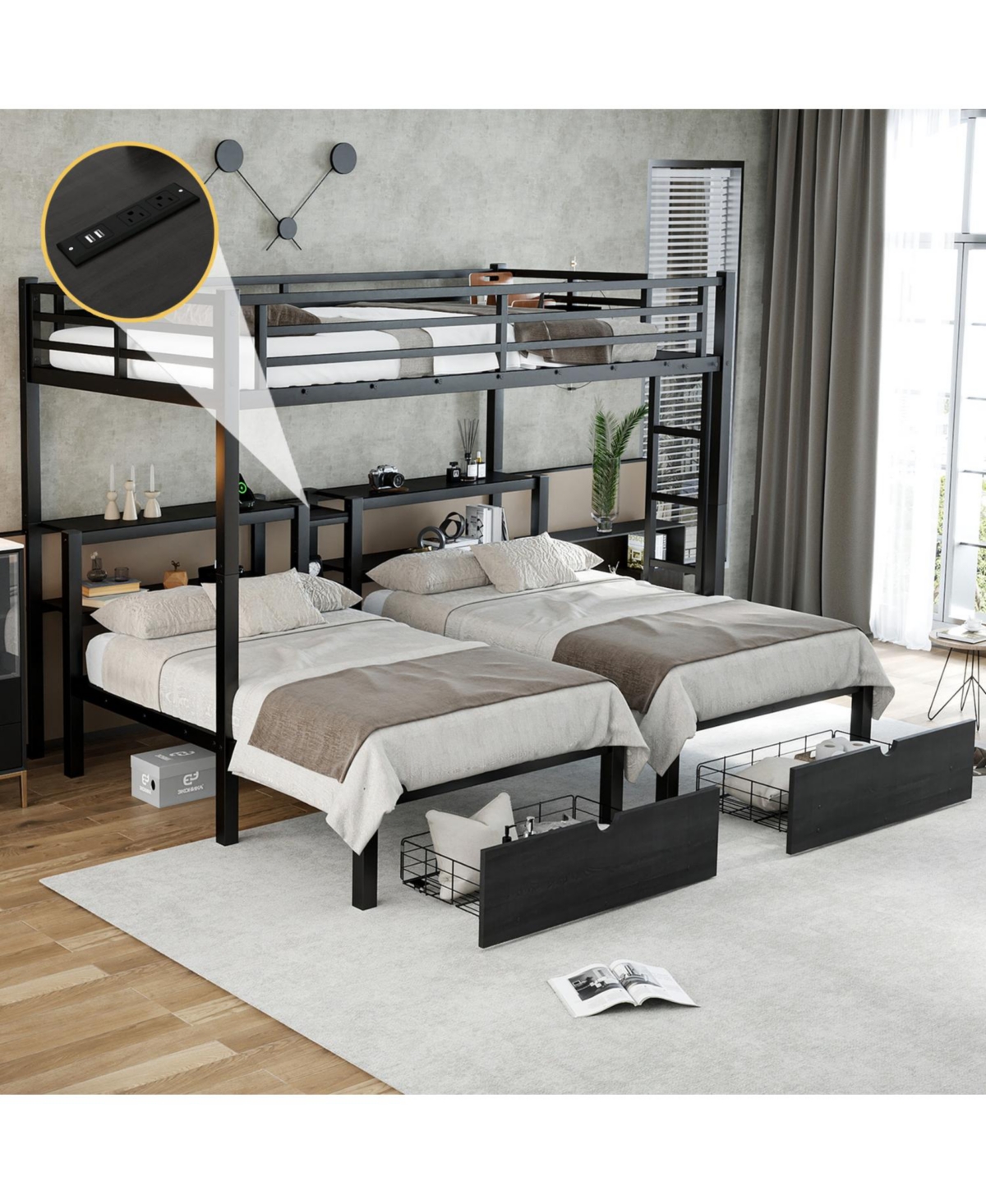 Streamdale Furniture Full Xl/Twin/Twin Triple Bunk Bed with Drawers & Usb Black