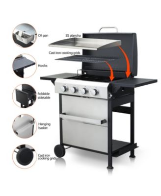 4-Burner Propane BBQ Grill SS Plancha Foldable Side Table
