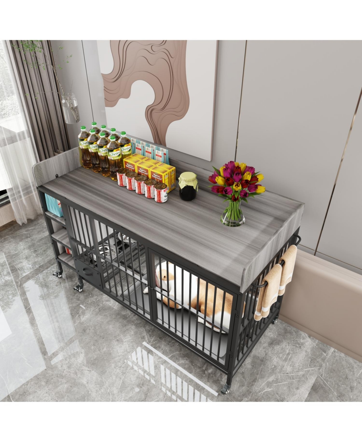 Streamdale Furniture Large Pet Cage w/ Storage & Stainless Steel Bowls (Black/Gray)