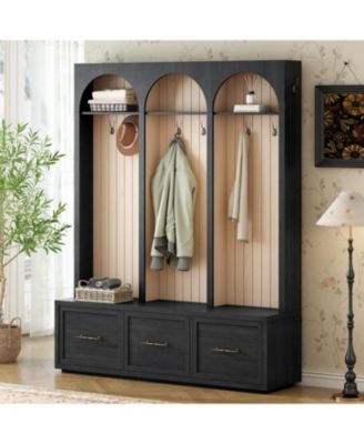 Streamdale Farmhouse Hall Tree- 59" Entry Bench, 8 Hooks, 3 Drawers, Black