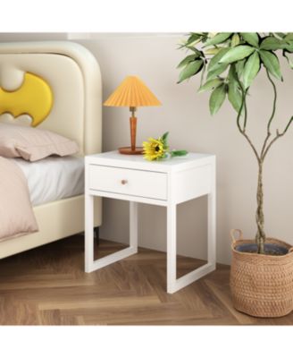 Modern White Nightstand with Drawer & Wood Knob