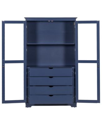 Blue Kitchen Pantry Cabinet with Glass Doors & Drawers