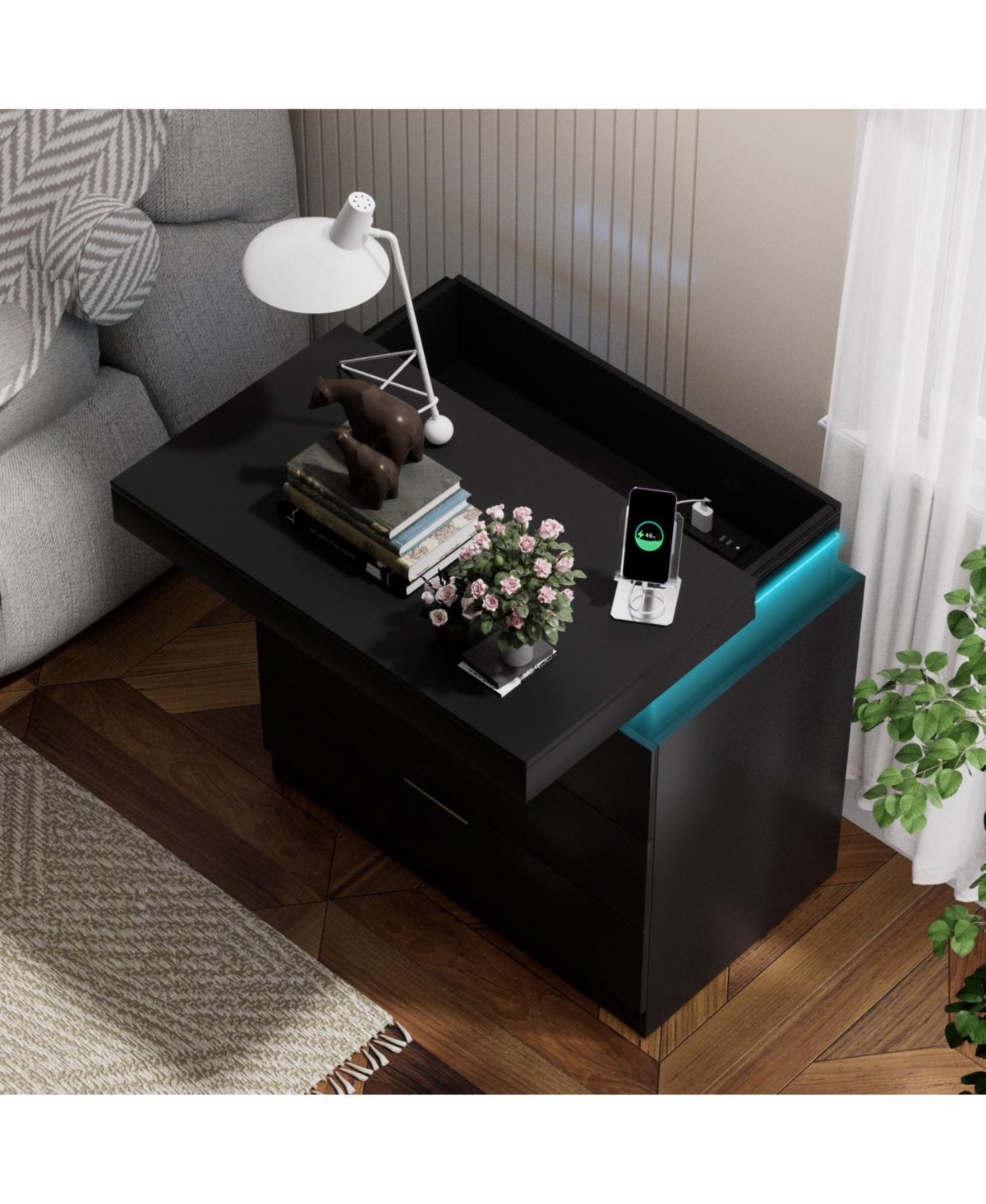 Streamdale Furniture Nightstand with Charging, Led, Sliding Top, Drawers