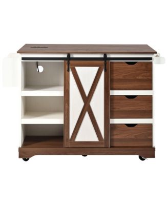 55.5" Farmhouse Kitchen Island w/ Drop Leaf, Barn Door, Power Outlet, Rolling Cart - White