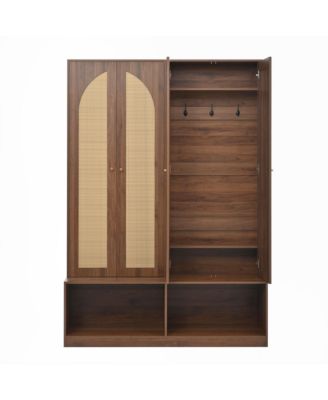 Streamdale Farmhouse Hall Tree - Rattan Doors, Bench, Hooks, Shoe Cabinet - Walnut, 55.1"W