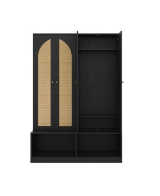 Streamdale Farmhouse Hall Tree- Rattan Doors, Bench, Hooks, Shoe Cabinet - Black, 55.1&amp;#x22;W