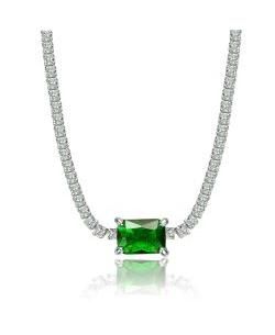Sterling Plated with Colored Cubic Zirconia Solitaire Thin Chain Necklace