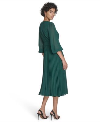 Petite Balloon Sleeve Shirred Neck Pleated Skirt Belted Midi Dress