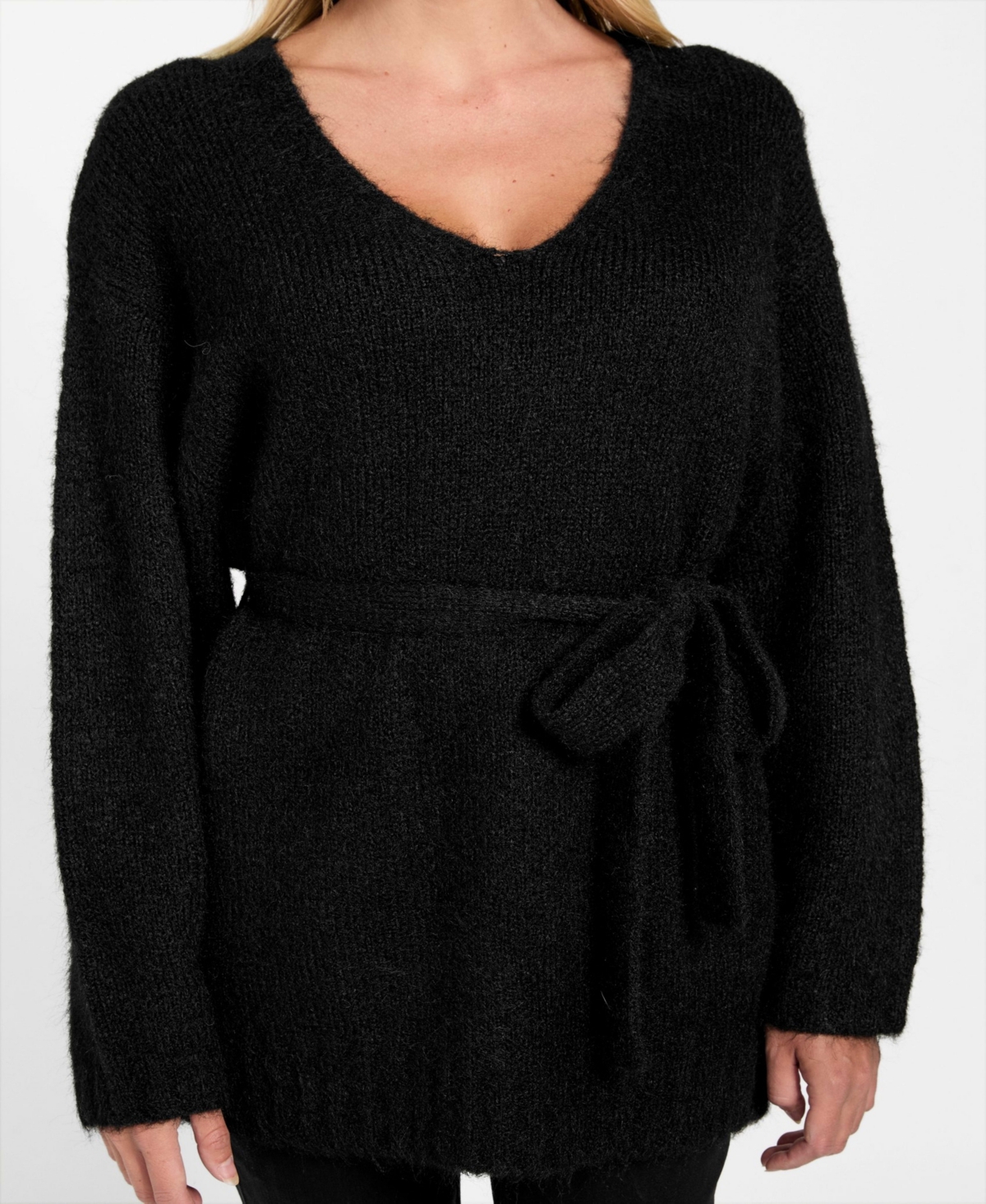 Guess Kiyoka Tie Waist Tunic Sweater In Black