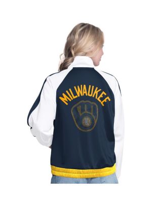 Women's&nbsp;White/Navy Milwaukee Brewers Rally Rhinestone Raglan Full-Zip Track Jacket