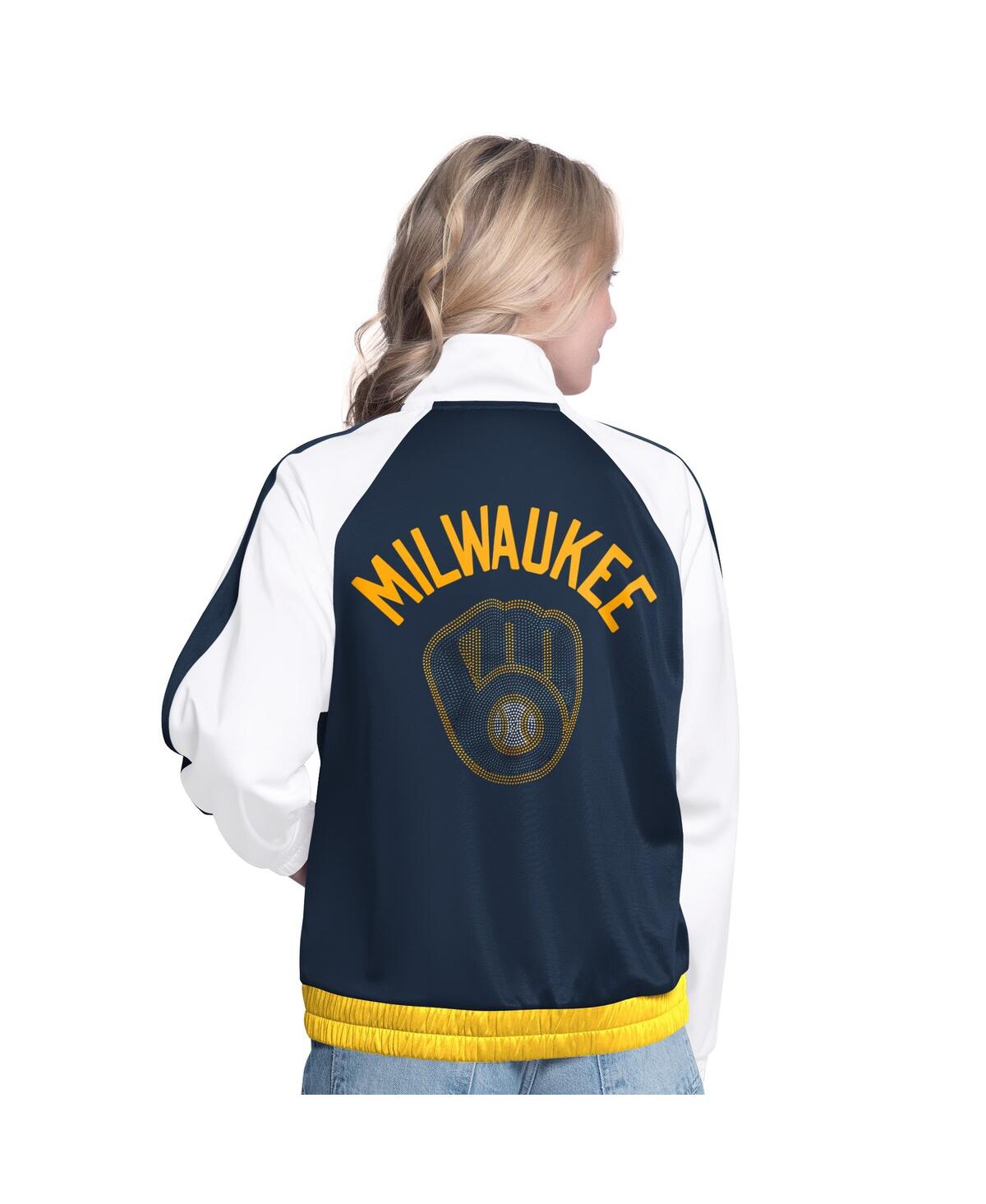 G-iii Sports By Carl Banks Women'sâ White/navy Milwaukee Brewers Rally Rhinestone Raglan Full-zip Track Jacket In Multi