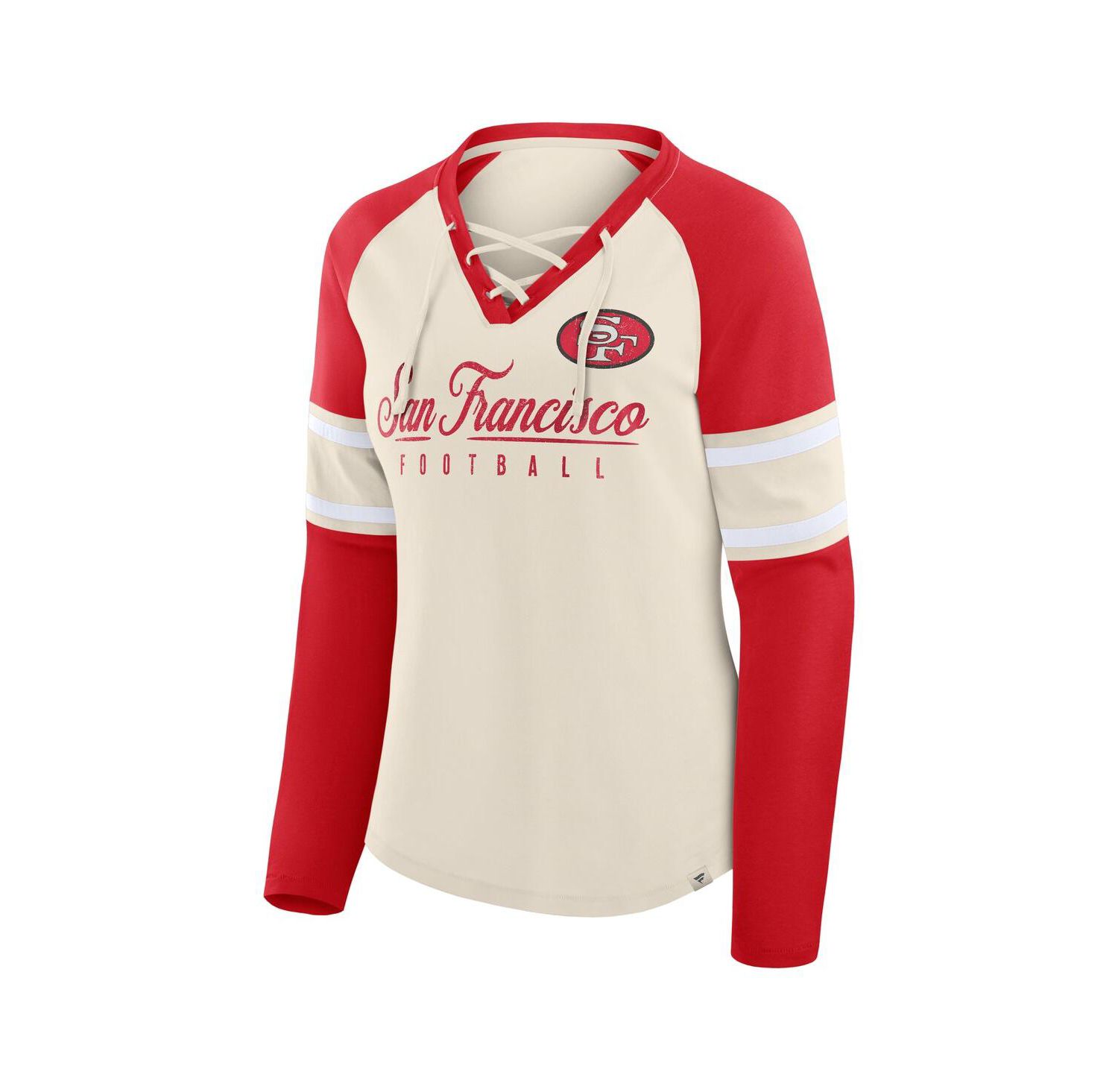 Women's Cream/Scarlet San Francisco 49ers Hometown Gridiron Hero Raglan Lace-Up V-Neck Long Sleeve T-Shirt