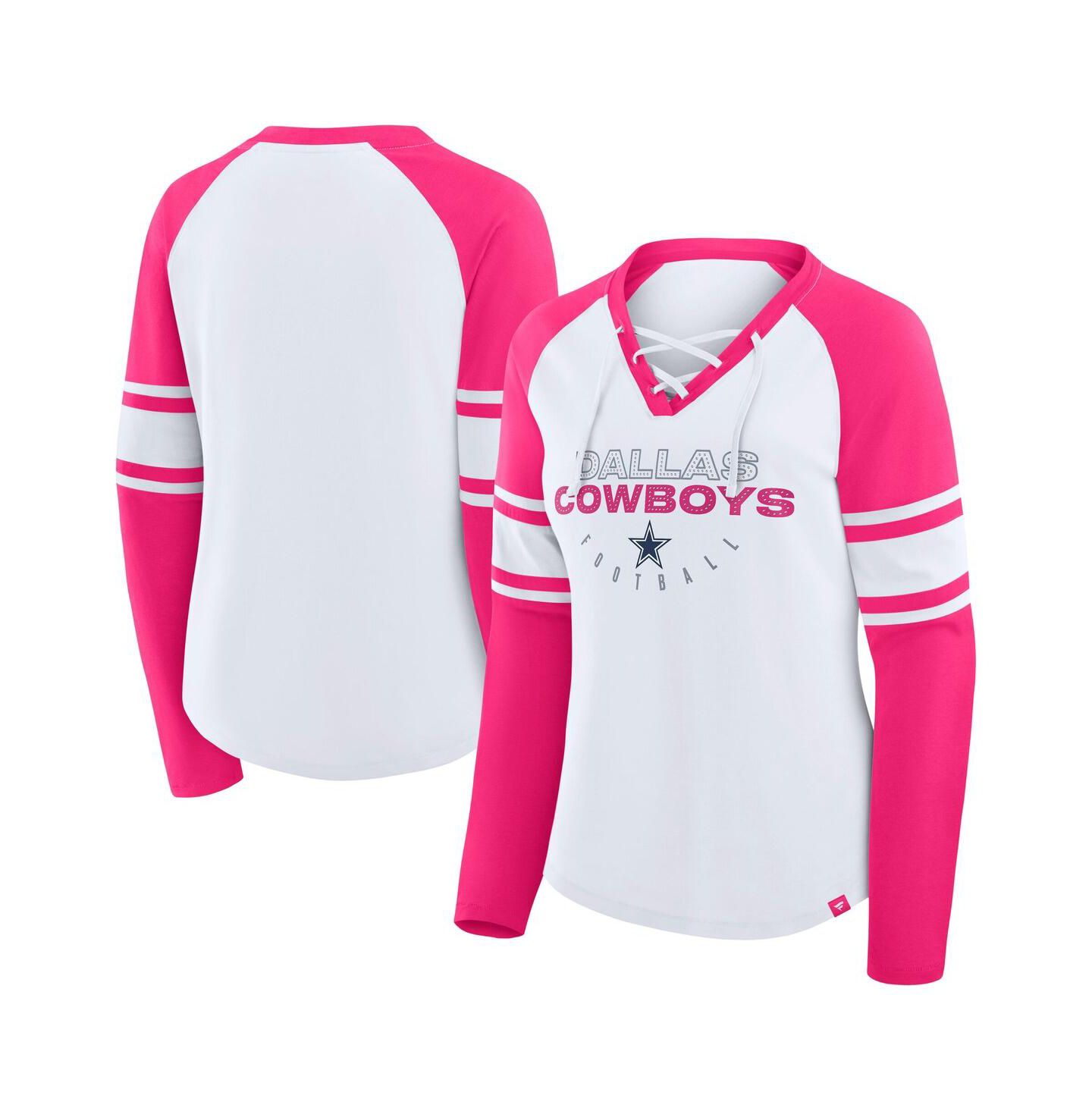 Женская футболка Fanatics White/Pink Dallas Cowboys Redzone Rhinestone Bling Lace Up Long Sleeve — фото 1