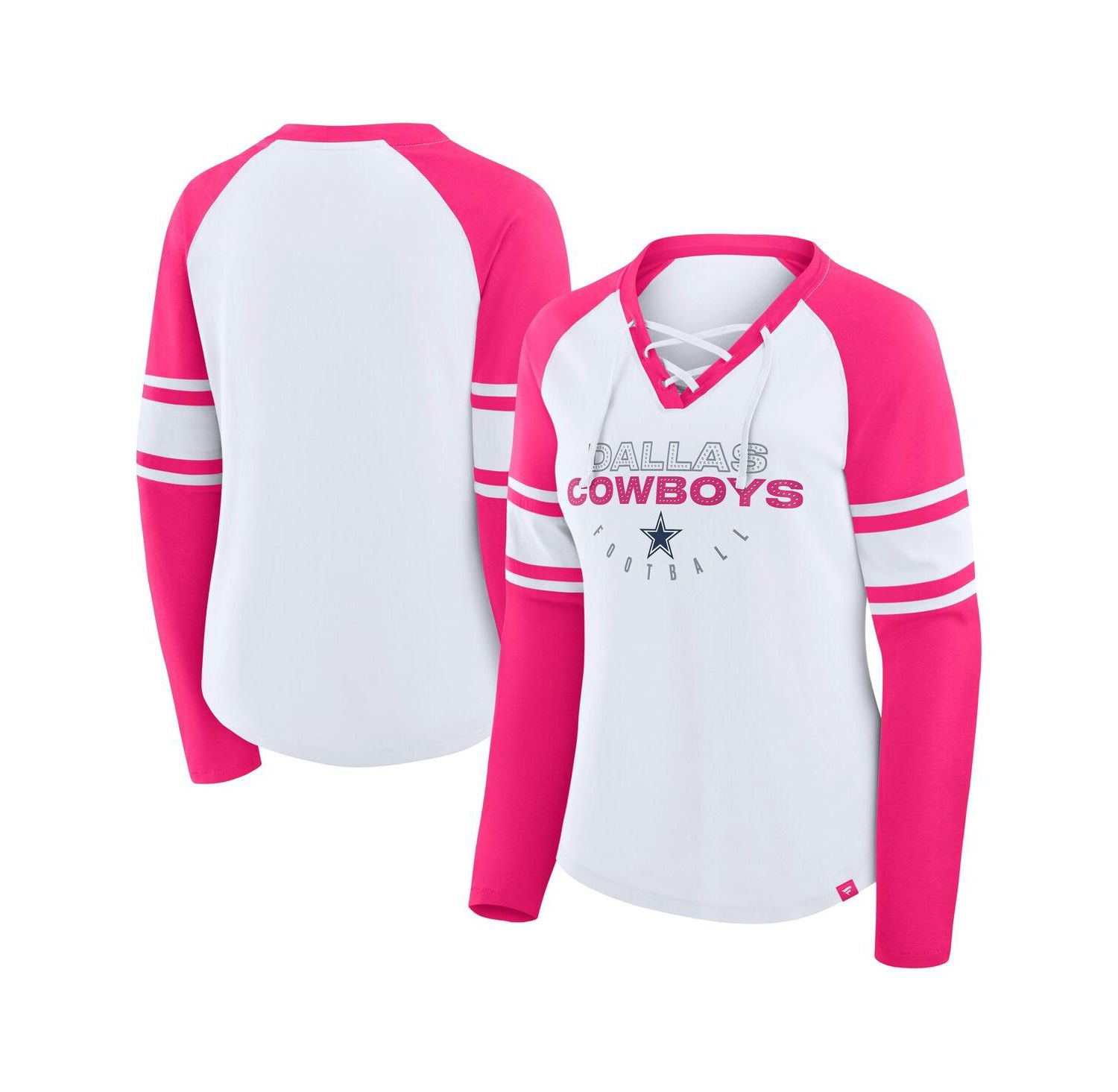 Women's White/Pink Dallas Cowboys Redzone Rhinestone Bling Lace Up Long Sleeve T-shirt
