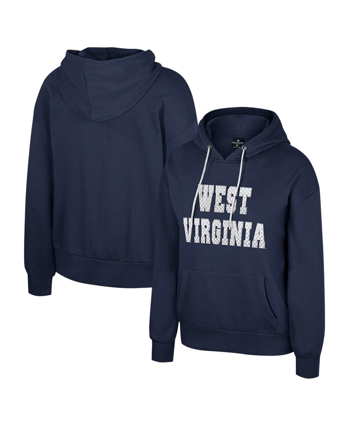 Colosseum Women's Navy West Virginia Mountaineers Reflection Rhinestone Drawcord Pullover Hoodie In Blue