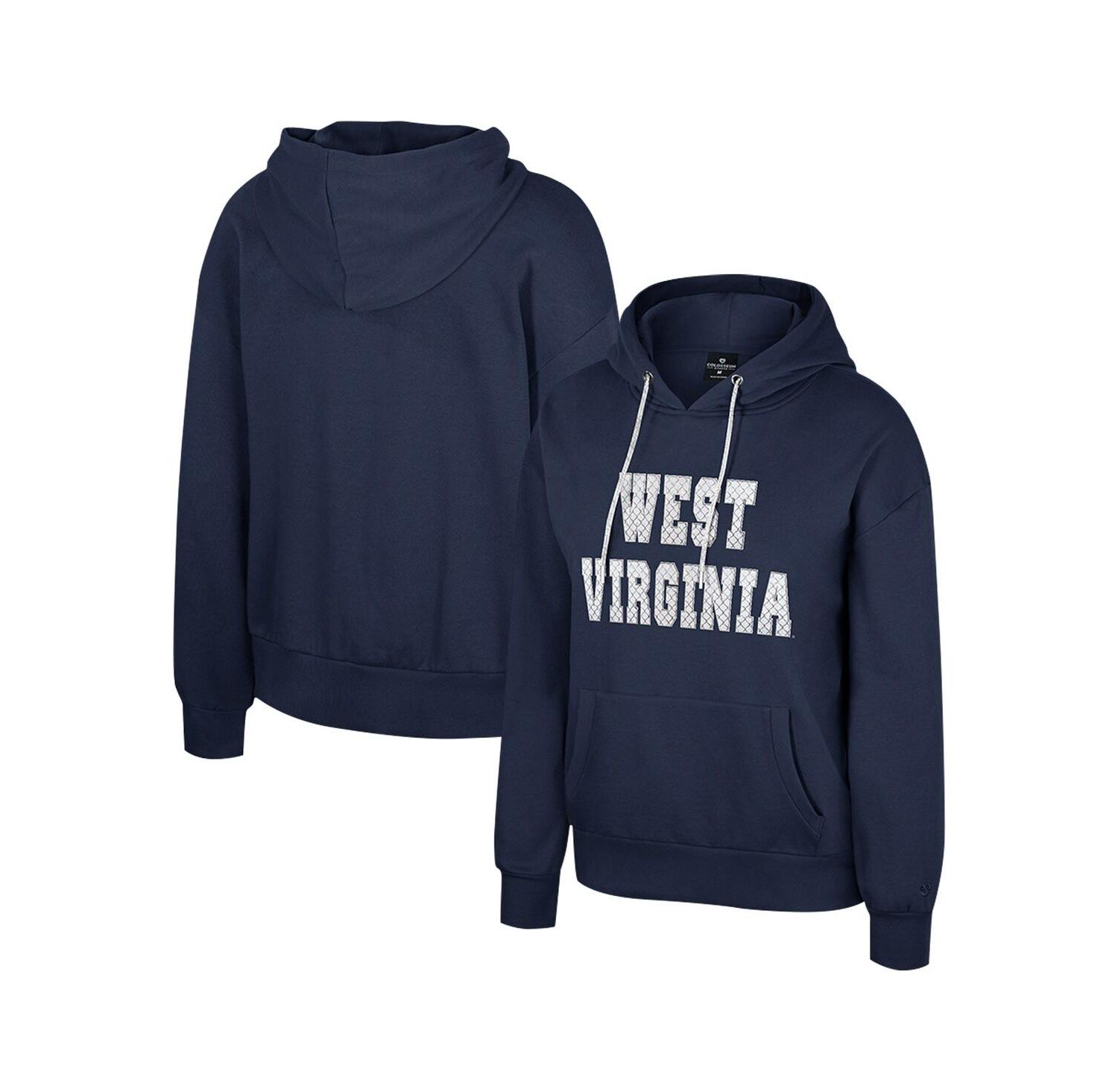 Women's Navy West Virginia Mountaineers Reflection Rhinestone Drawcord Pullover Hoodie