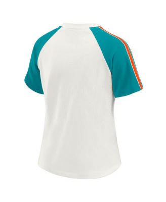 Women's White Miami Dolphins Sleeve Stripe Distressed Raglan T-Shirt