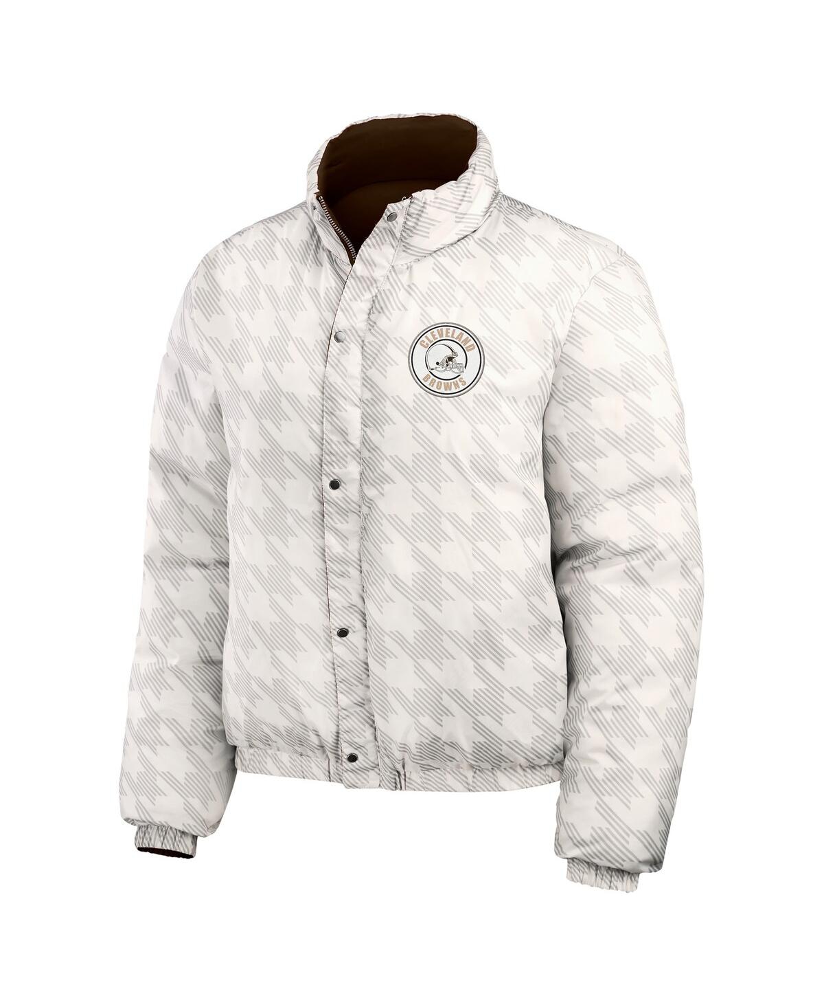 Wear By Erin Andrews Women's Brown/white Cleveland Browns Reversible Cropped Full-zip Puffer Jacket In Multi