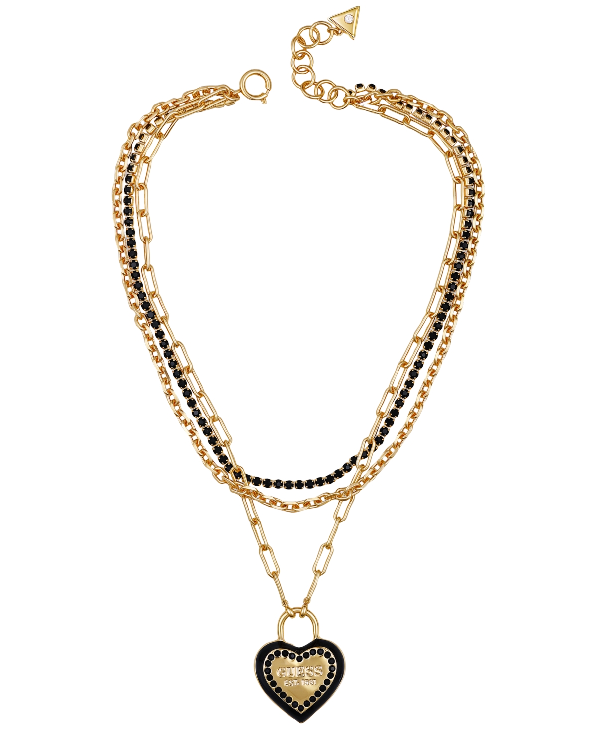 Guess Glass Stone Gold-tone Triple Layered Crystal Heart Charm Necklace In Gold