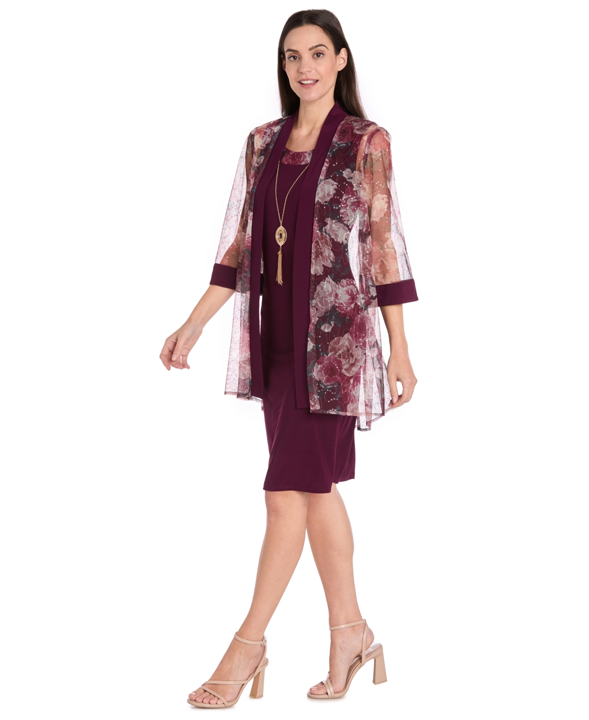 R & M Richards Petite Printed Scoop Neck Jacket Dress In Burgundy