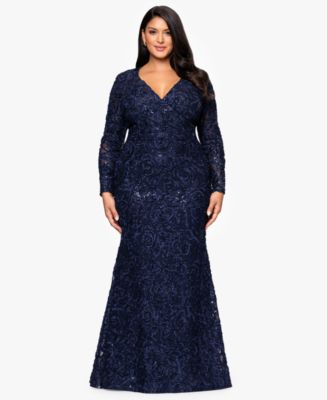 XSCAPE Plus Size Lace Detail V-Neck Ball Gown - Macy's