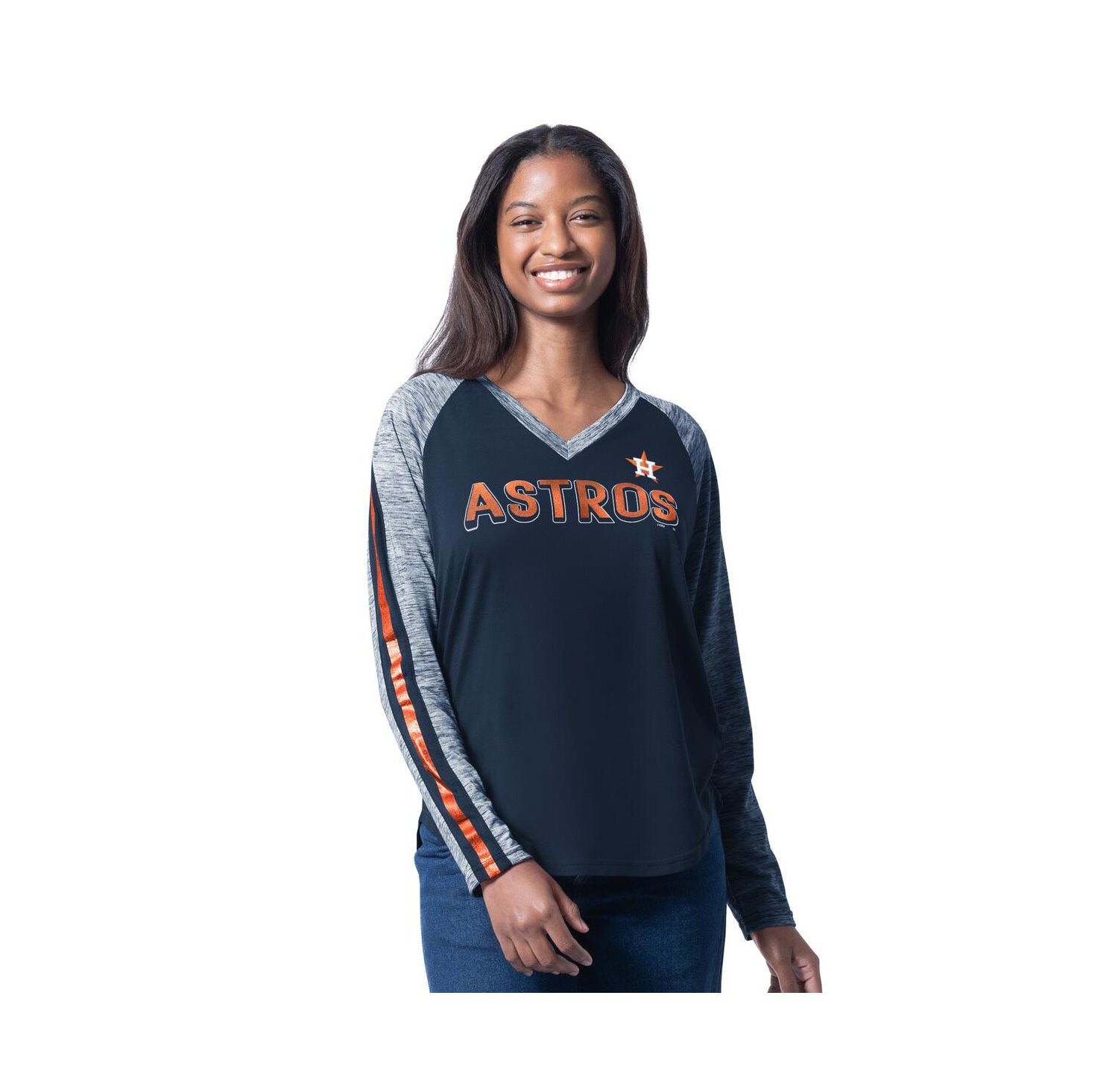 Women's Navy Houston Astros Top Dog Raglan Long Sleeve V-Neck T-Shirt