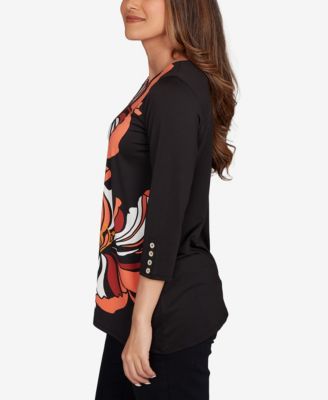 Petite Button Sleeve Bold Floral Top