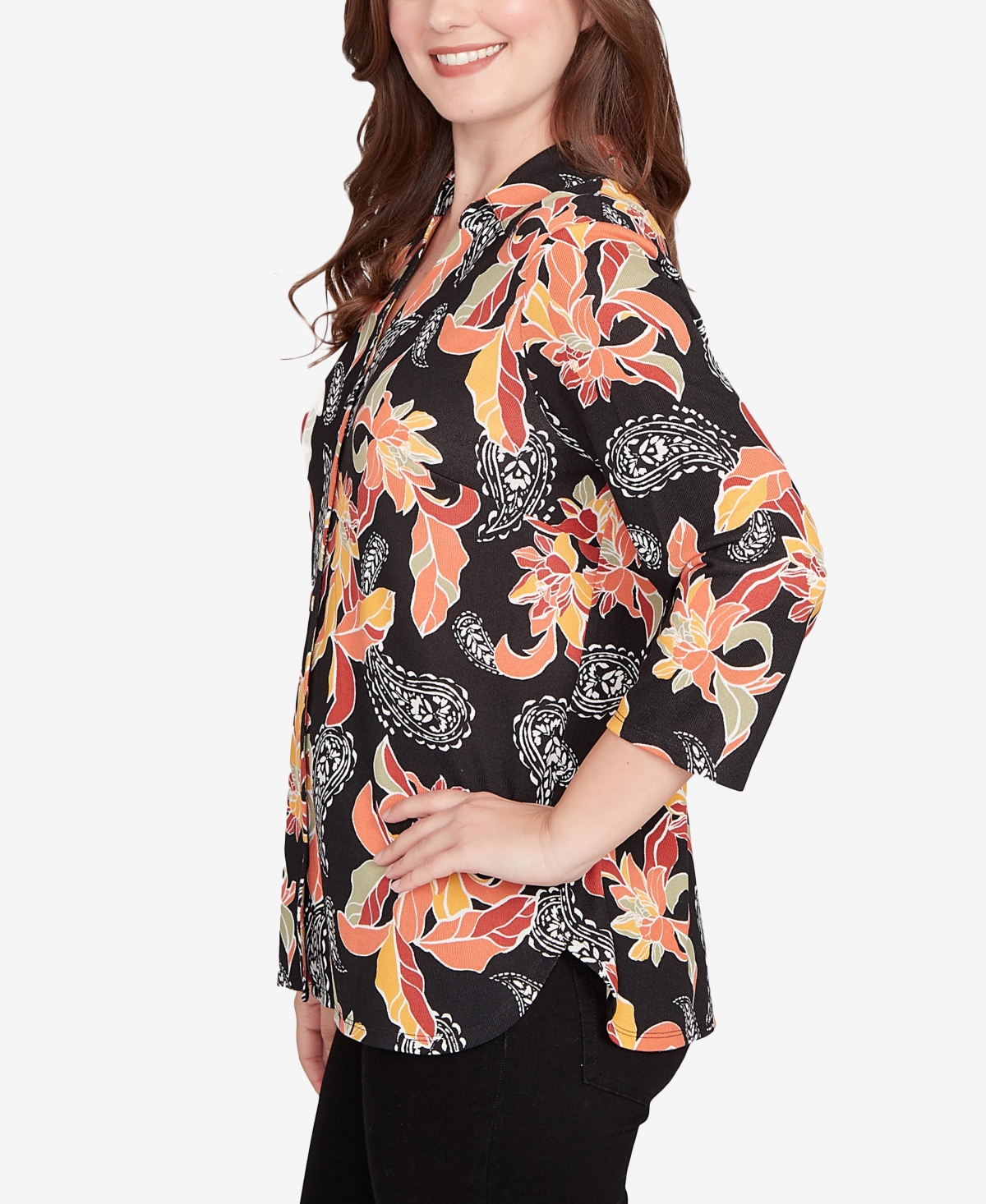Ruby Rd. Petite Shirt Collar Floral Paisley Button Front Top In Multi
