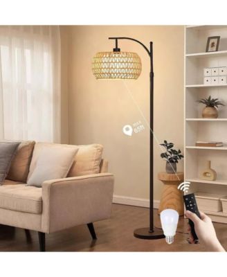 Dimmable Boho Floor Lamp with Rattan & Linen Drum Shade – Remote & Footswitch Control