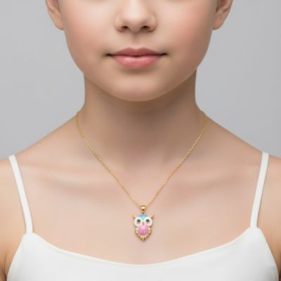 14K Gold Plated with Multi-Color Enamel Majestic Owl Design Pendant Necklace