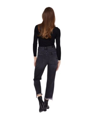 Women's Black Stone Paisley Patchwork High-Rise Straight Leg Jeans, 100% Cotton