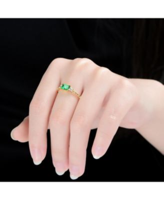 14K Gold Plated with Green & Clear Cubic Zirconia Three Stone Ring