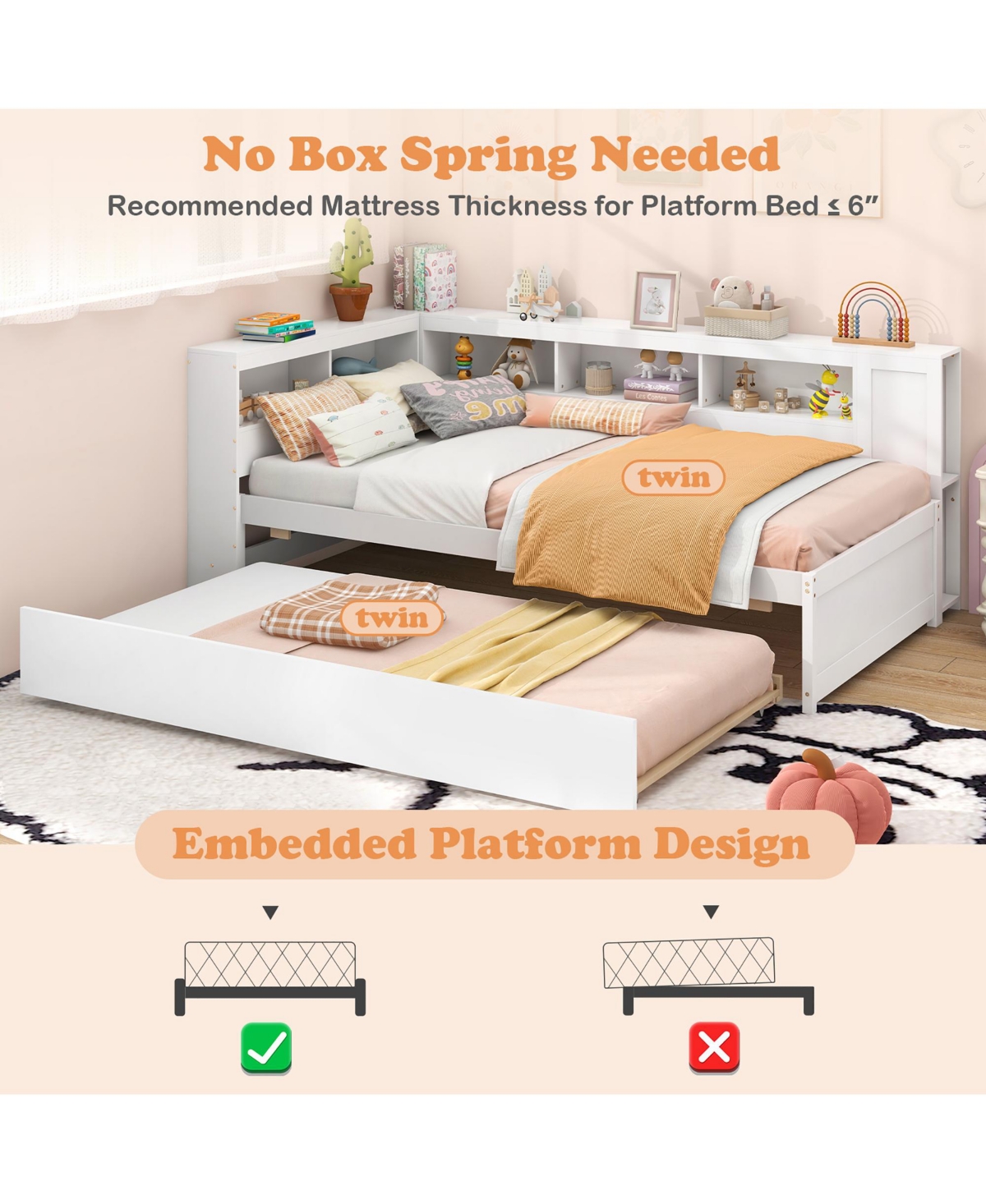 Gymax Twin Size Daybed w/ Trundle Bedside Shelves Reversible Bookcase Headboard