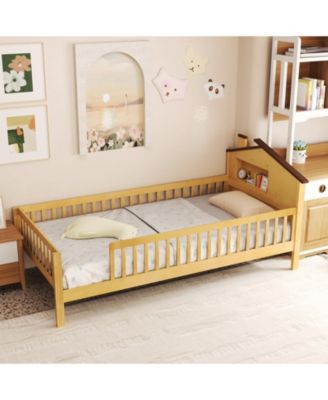 Twin Size Kids Bed Solid Wood Platform Bed w/ Under-bed Storage & Storage Cube