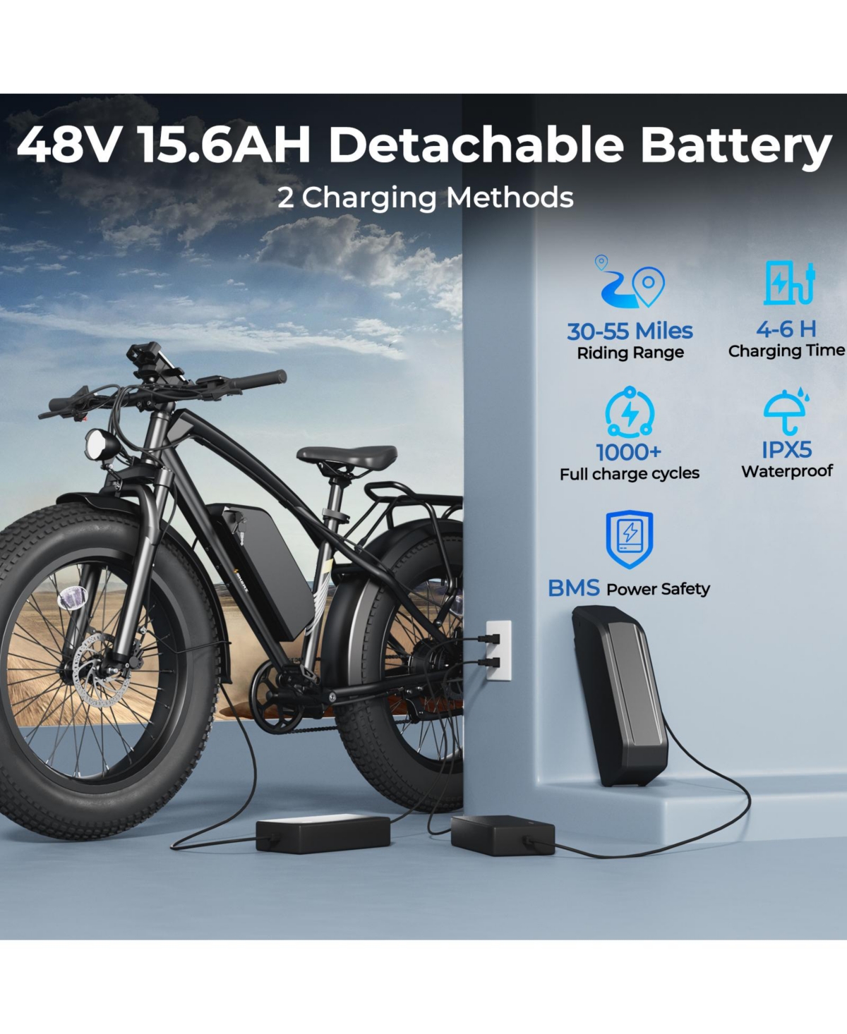 Mikolo Electric Bike for Adults, 750W Peak Motor, 28MPH, 48V 15.6Ah Battery, 26"x4" Fat Tire Mountain E-Bike, 45-55 Miles Range, Shimano 7-S