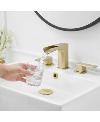 3 Holes Vanity Sink With Metal Drain Waterfall 8 in. Widespread Double Handle Gold Bathroom Faucet Set