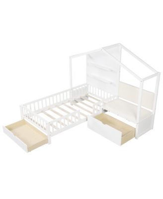 Twin Size House Bed Kids Platform Bed w/ Padded Bench & Floating Shelves