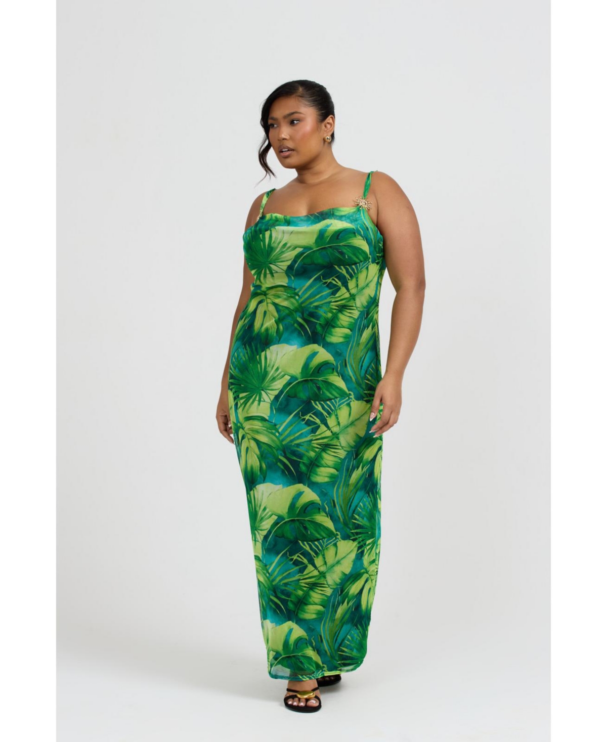 Fashion-szn Curve Women's Palm Print Gold Trim Maxi Dress