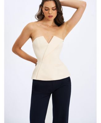 Women Yani Ivory Asymmetrical Lapel Sleeveless Peplum Top