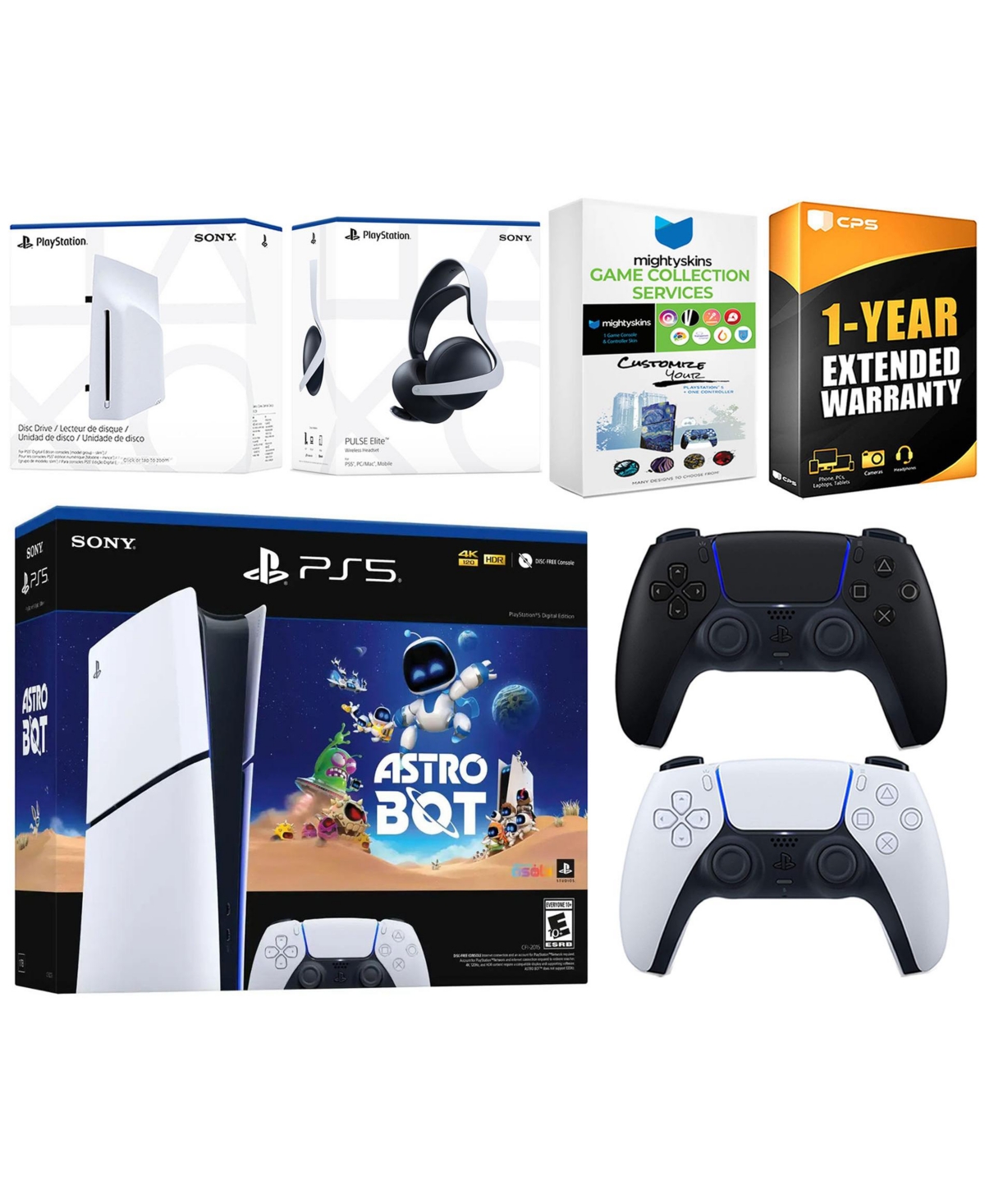 Sony PlayStation 5 Slim Digital Astro Bot Bundle with Disc Drive, Extra Controller, Pulse Elite Headset, MightySkins Game Services and 1 Year Extended
