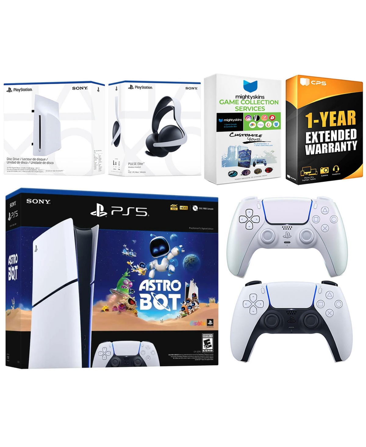Sony PlayStation 5 Slim Digital Astro Bot Bundle with Disc Drive, Extra Controller, Pulse Elite Headset, MightySkins Game Services and 1 Year Extended