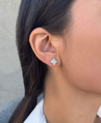 Silver Plated Cubic Zirconia Flower-Shaped Halo Stud Earrings