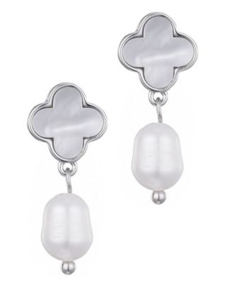 Silver Plated Freshwater Pearl Clover Drop Earrings