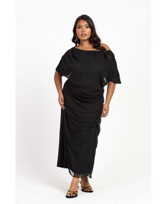 Women's Drop Shoulder Ruched Mesh Midaxi Dress