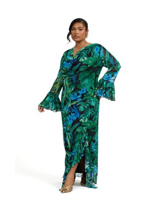 Women's Ruffle Cowl Neck Palm Print Maxi Dress